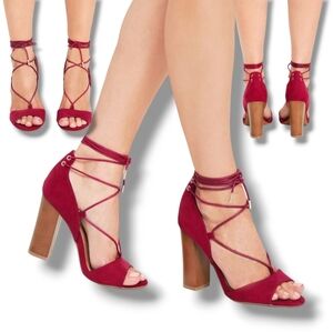 Bamboo Women's Crimson Red Faux Suede Lace-Up Heels